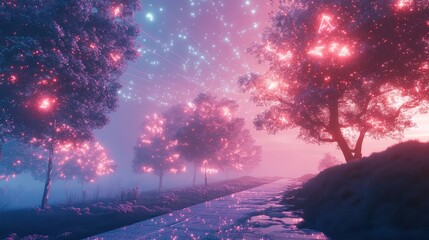 Fantasy landscape with glowing trees and mystical path