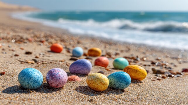 Colorful easter eggs scattered on a sandy beach next to the calm ocean waves during a sunny afternoon