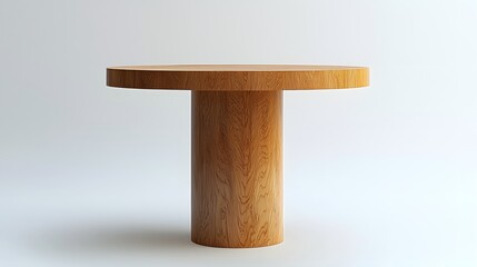 Minimalist wooden table with a round top and cylindrical base on a white background