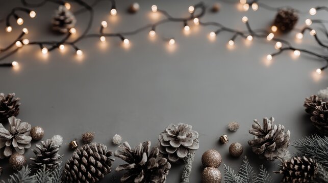 Festive pine cones and ornaments with warm string lights on gray background - Powered by Adobe
