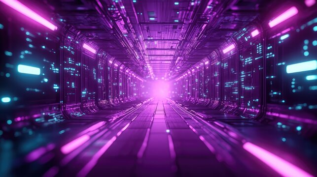 Futuristic technology tunnel glowing with purple neon light