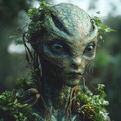 Mystical green forest creature with mossy leafy textures a close up portrait of an organic natural being