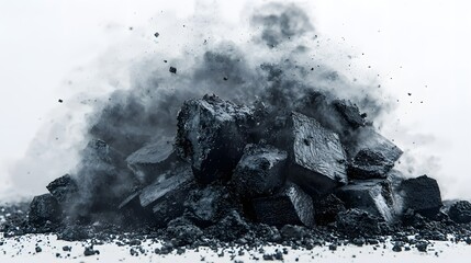 Pile of dark coal cubes exploding in a cloud of dust and smoke against a white background