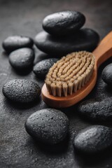 Zen Composition of a Natural Bristle Brush and Basalt Massage Stones.