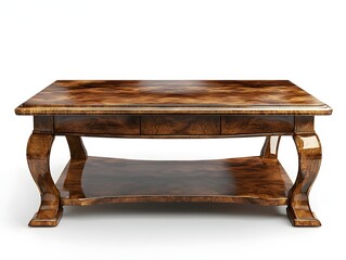 Polished burl wood coffee table with ornate curved legs isolated on white