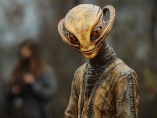 portrait of a curious alien creature with orange eyes and textured skin in an outdoor setting