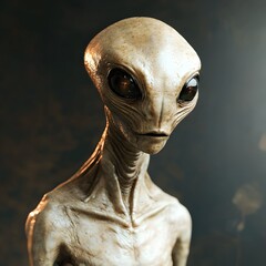 portrait of a grey extraterrestrial being with large dark eyes rendered in a detailed style