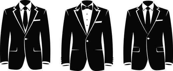 Illustration of collection of three black suit icons isolated on, showcasing formal attire, business fashion, and elegant style for various occasions