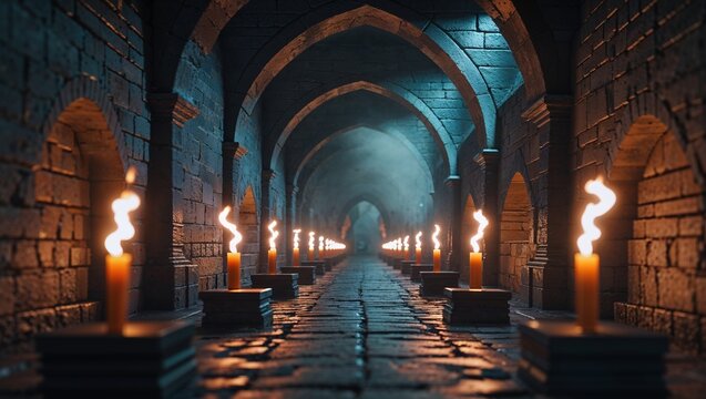 long medieval dungeon corridor stretching into the distance with repeating torches, arches and fog. highly detailed 3d fantasy environment with deep perspective. no people.