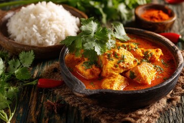Delicious Indian Butter Chicken Curry with Rice, Garnished with Fresh Cilantro, Rustic Setting.