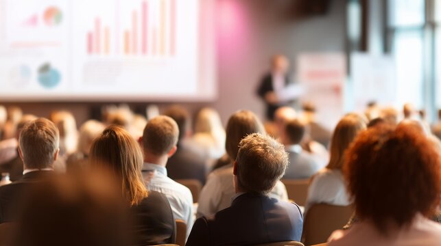 people attending a business conference in auditorium