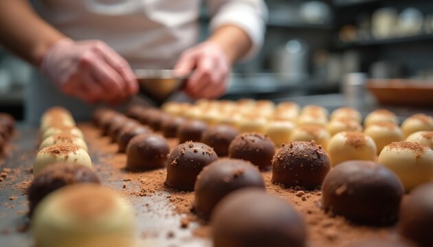 Chocolatier arranges rows of dark and white chocolate truffles dusted with cocoa. Skilled artisan crafts sweet confectionery delights by hand in a food preparation workshop, making pastry.