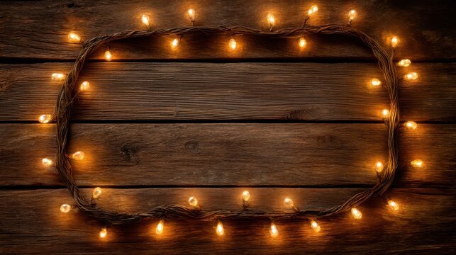 Rustic wooden background with warm string lights arranged in an oval shape. - Powered by Adobe