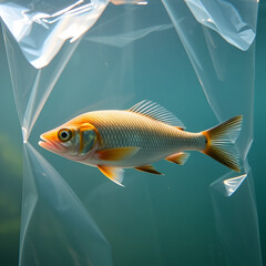 Fish in a transparent plastic bag under water. Environmental pollution.