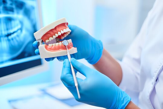 Skilled dental technician uses advanced 3D printing technology to fabricate custom dentures and prosthetic restorations, ensuring precision, comfort, durability, aesthetic quality, and professional.