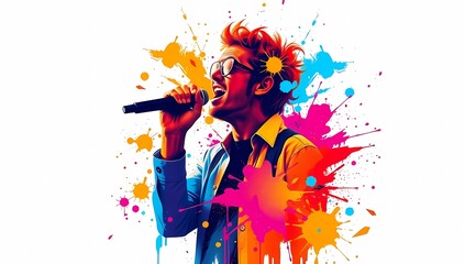 A man singing into a microphone with colorful splashes