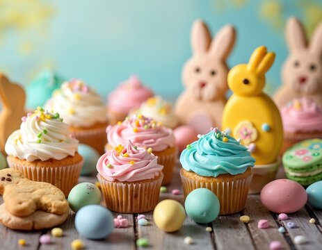 Festive cupcakes with pastel frosting and Easter decorations. Bunny figures and painted eggs surround sweet treats, perfect for spring celebrations and bakery promotions. Delicious pastry assortment.