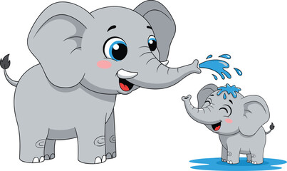 Cartoon elephants playing with water, happy animal illustration, cute wildlife moment, joyful splash scene, adorable baby elephant, fun nature interaction