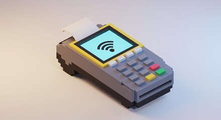 Colorful 3D-rendered payment terminal with a receipt printer, showcasing contactless payment technology