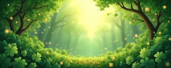 Rich green forest with shamrocks and glowing lights, bathed in soft sunbeams. Rich foliage and trees create a magical, whimsical atmosphere. Perfect for spring or Irish holiday themes.