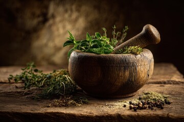 Rustic Wooden Mortar and Pestle with Fresh Herbs, Moody Lighting, Still Life.