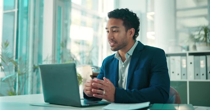 Laptop, business man and wave on video call for greeting, portfolio review and investment advice. Financial advisor, person and virtual meeting in office with hello, account update or wealth planning