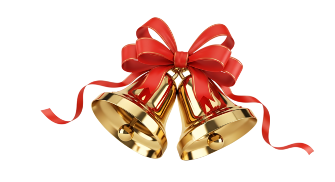 Two golden bells adorned with a vibrant red ribbon bow on transparent background