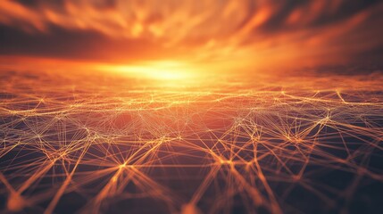 Connecting digital data network grid with glowing lines at sunset