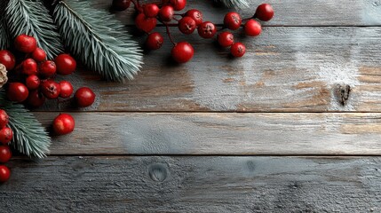 Christmas red berries and pine branches on rustic gray wooden background