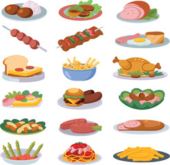 Cartoon food illustration, meat dishes, fast food, breakfast, lunch, dinner, snacks, grilled items, salad, sushi, fries, sandwich, bacon, eggs, sausage, vegetables, chicken, dessert, ham, rice, toast