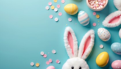 Top view of Easter decor on blue backdrop. Bunny ears peek with colored eggs and confetti. Easter bunny concept for festive events greeting banner spring sale.