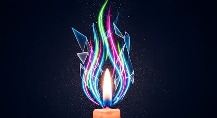 Candle with vibrant abstract neon light flame and glass shards