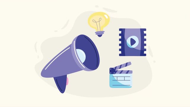 A purple megaphone a lightbulb film reel and clapperboard are on a pale background - Powered by Adobe