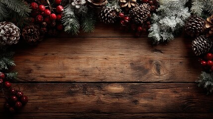 Rustic wooden background framed with snow-covered pine branches and red berries.
