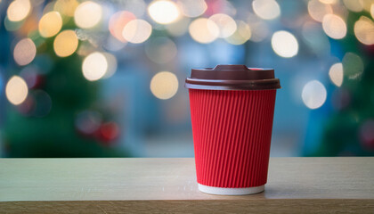 Red Takeaway Coffee Cup with Holiday Lights Bokeh Background on Wooden Table