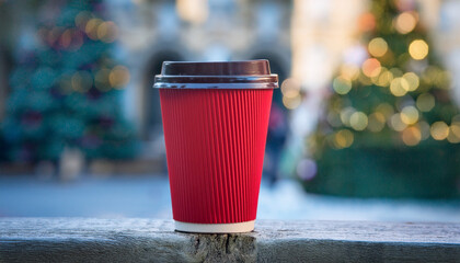 Red Takeaway Coffee Cup with Holiday Lights Bokeh Background on Wooden Table
