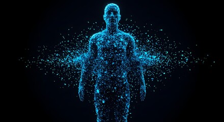 Digital representation of a human figure composed of glowing particles against a dark background