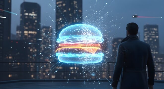 Glowing digital burger in futuristic city. man observing future food.