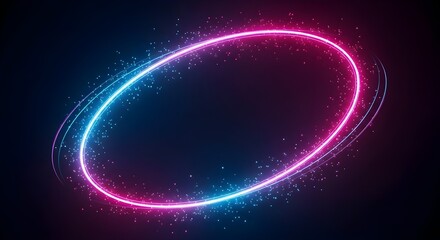 Obraz premium Dynamic glowing neon oval light trails with sparkling particles.