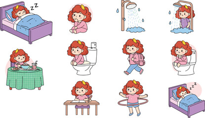 Cartoon girl daily routine, morning to night activities, hygiene, eating, studying, playing, sleeping, child lifestyle, educational sequence, habits