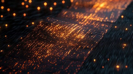 A festive table runner made of woven light strands, patterns subtly shifting, on a dark, matte surface, artistic lighting