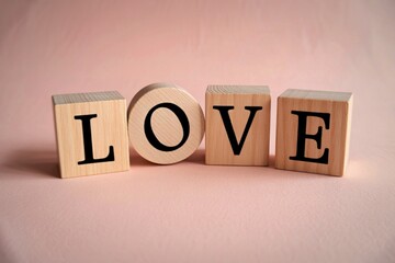 Obraz premium Wooden blocks spell out the word love on a soft pink background
