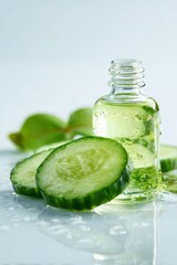 Refreshing Cucumber Oil Elixir in Clear Glass Bottle with Sliced Cucumbers and Green Leaves.