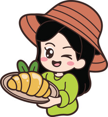 Cartoon person with croissant, smiling character, green shirt, brown hat, food illustration, pastry plate, cute vector, winking face, leaves