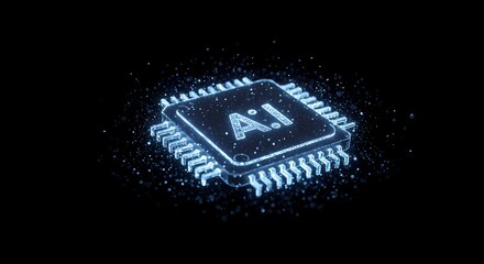Futuristic AI chip surrounded by digital particles, representing technology and innovation in a dark space