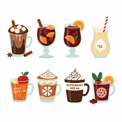 Festive Christmas and Winter Holiday Drinks Vector Set: Hot Chocolate, Mulled Wine, Eggnog, and Spiced Coffee Beverages Illustration.