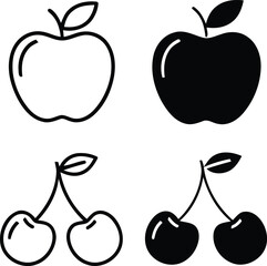 Set of stylized fruit icons including apples and cherries in outline and solid styles