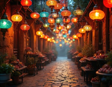 Illuminated Turkish market lane with colorful glass lamps hanging overhead. Stalls display fresh fruits, produce. Old stone buildings line street, creating vibrant, exotic atmosphere for tourists,