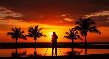 photographer silhouette, sunset view, tripod scene, orange sky, red horizon, silhouette landscape, dramatic sunset, outdoor scenery, creative composition, sky colors, nature background, sunset silhoue