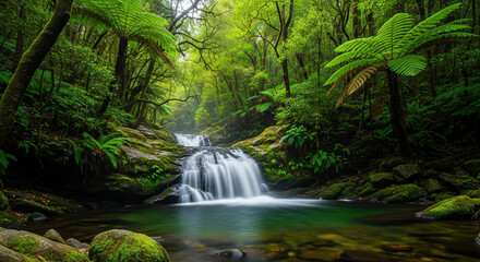 waterfall forest, lush greenery, long exposure water, rocky stream, vivid nature, scenic waterfall, outdoor landscape, natural beauty, forest creek, green tones, peaceful nature, flowing water, high d